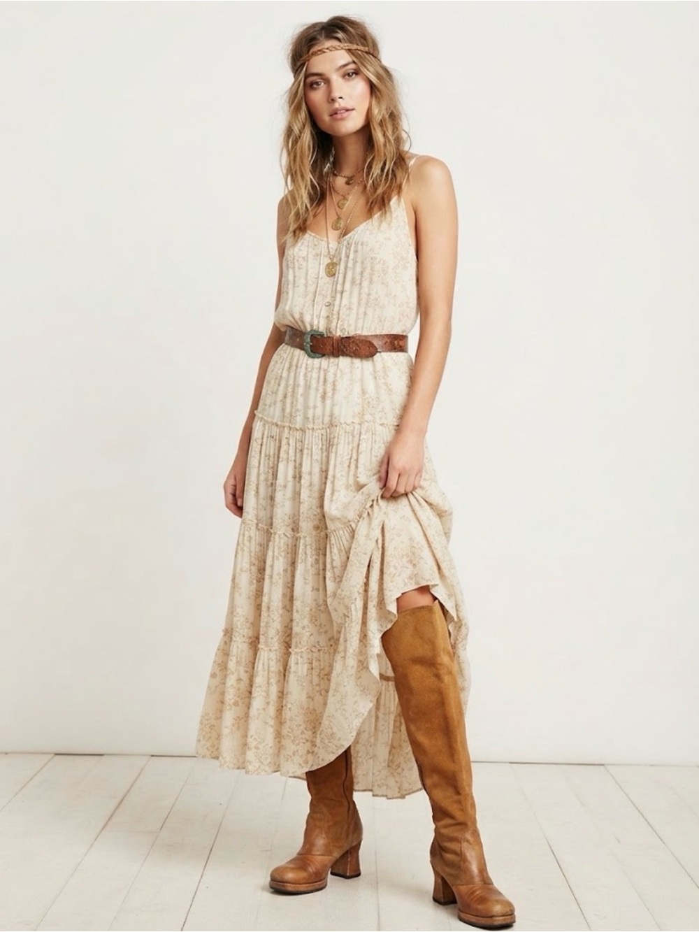 Title: Vintage 70s Suede Leather Knee High Boots Chunky Block Heel Tan